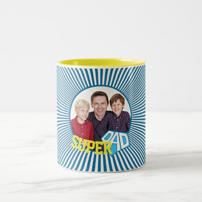 Custom Photo Super Dad Comic Two-Tone Coffee Mug (Center)