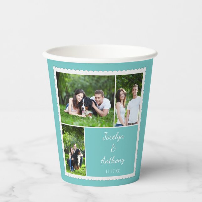Custom Photo Teal Blue and White Wedding Paper Cups (Front)