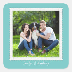 Custom Photo Teal Blue and White Wedding Square Sticker