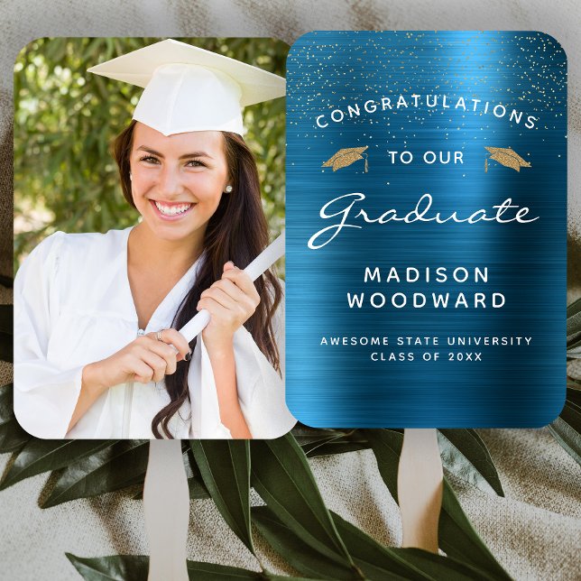 Custom Photo Teal Blue Metallic Graduation Hand Fan (Creator Uploaded)