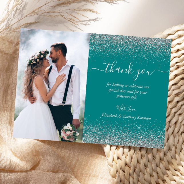 Custom Photo Teal Blue Silver Glitter Wedding Thank You Card (Creator Uploaded)