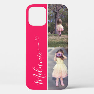 Custom Photo Template 2 Vertical Photos Name Pink iPhone 12 Case