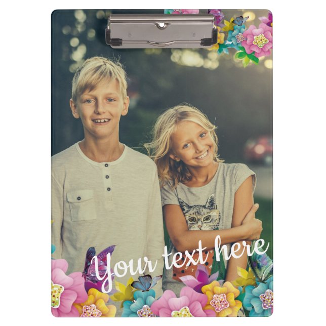 Custom Photo Text Animated Flowers and Butterflies Clipboard (Front)