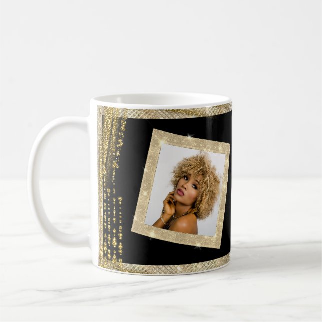 Custom Photo & Text Black Gold Glitter Trendy Coffee Mug (Left)