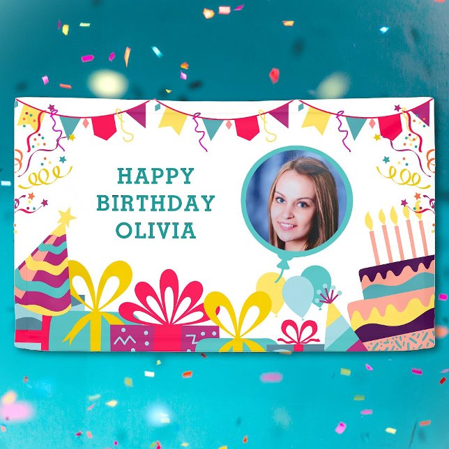 Custom Photo Text Colourful Birthday Party Banner (Creator Uploaded)