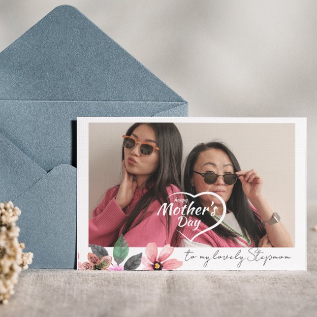 Custom Photo text Floral Happy Mothers Day Stepmom Holiday Card (Creator Uploaded)