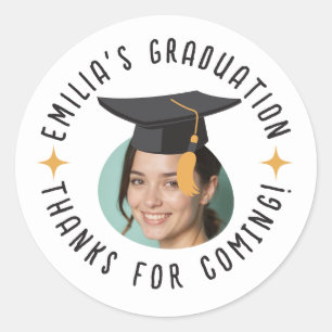 Custom Photo Text Graduation Hat Thank You Party  Classic Round Sticker