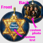 Custom photo & text Happy Hanukkah, Star of David Ceramic Tree Decoration<br><div class="desc">Introducing the Customisable Hanukkah Star Ornament! This elegant round ceramic ornament features a stunning Star of David in a radiant golden hue against a deep blue background, reminiscent of a starry night sky. The front displays the text “Happy Hanukkah, ” which can be personalised to your liking, making it a...</div>