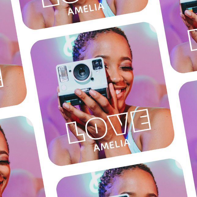 Custom Photo Text Retro Modern Love Square Sticker (Creator Uploaded)