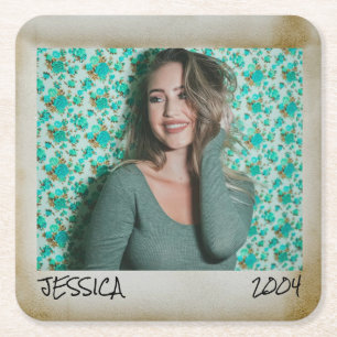 Custom Photo & Text, Vintage Photo Frame Square Paper Coaster