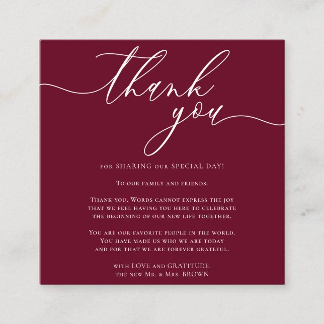 Custom Photo Thank You Mini Burgundy Enclosure Card (Front)