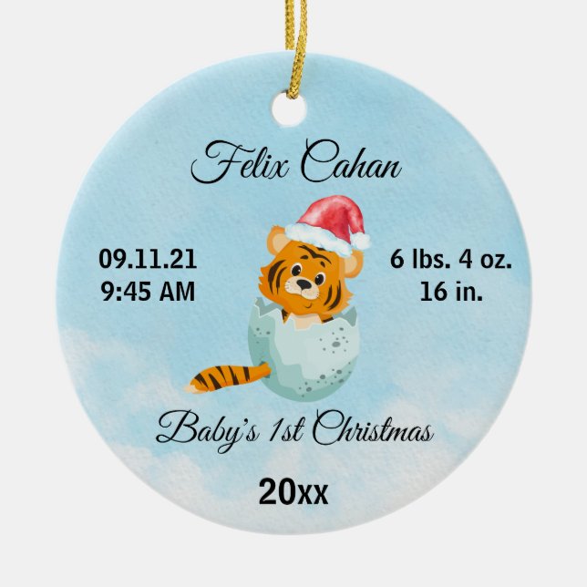 Custom Photo Tiger Baby's Boy First Christmas 2023 Ceramic Tree Decoration (Front)