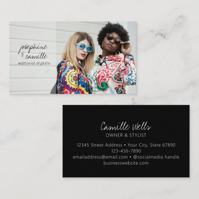 Custom Photo Trendy Script Editorial Stylist Business Card (Front/Back)
