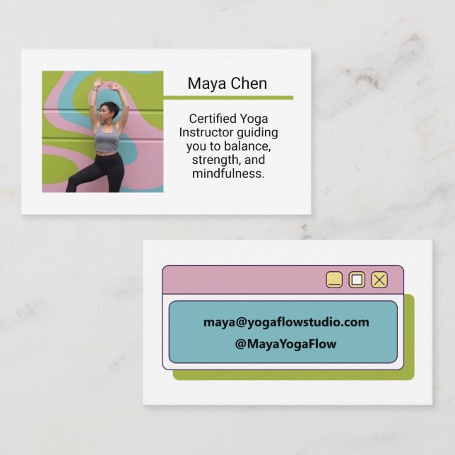 Custom Photo Trendy Yoga Instructor Editable Text Business Card (Front/Back)