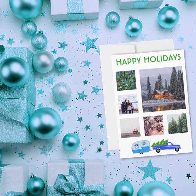 CUSTOM PHOTO Truck Camper Trailer Christmas Card (Custom photo holiday card with cute truck and trailer. Customize by adding your own images)