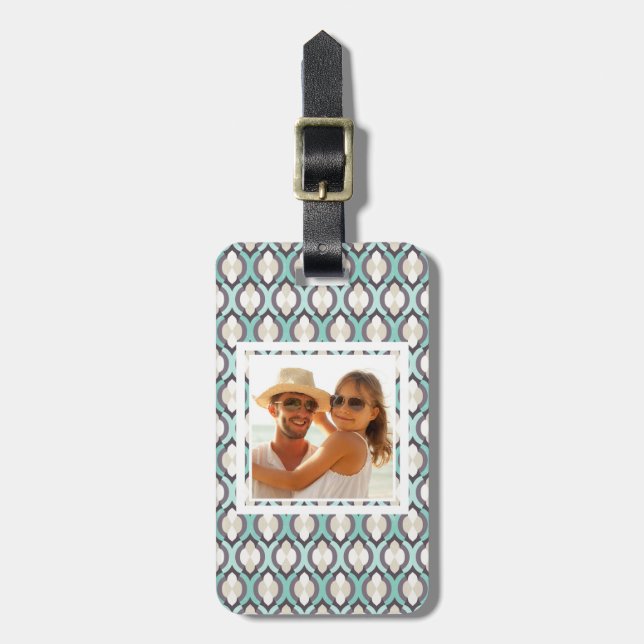 Custom Photo Turquoise Moroccan Pattern Luggage Tag (Front Vertical)