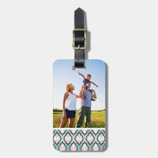 Custom Photo Turquoise Moroccan Pattern Luggage Tag (Front Vertical)