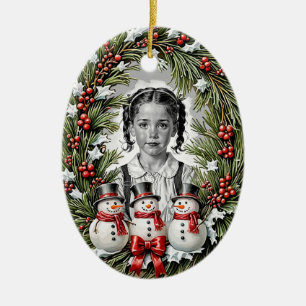 Custom photo two-sided snowman wreath Christmas Ceramic Tree Decoration