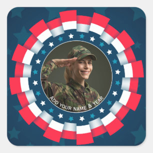 Custom Photo USA Military, Ribbon Border Patriotic Square Sticker