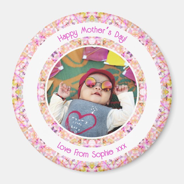 Custom Photo Vibrant Pink Happy Green Mother’s Day Magnet (Front)