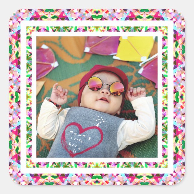 Custom Photo Vibrant Pink Happy Green Mother’s Day Square Sticker (Front)