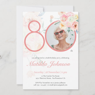 Custom Photo Watercolor Floral Pink 80th Birthday Invitation
