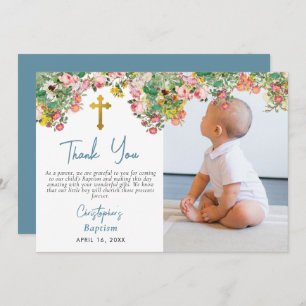 Custom Photo Watercolor Rose Garden Boy Baptism Thank You Card