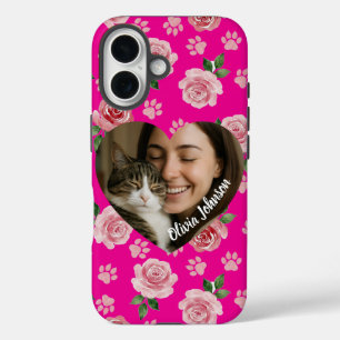 Custom Photo Watercolor Roses and Paw Prints  iPhone 16 Case