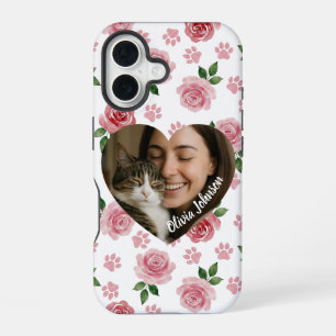 Custom Photo Watercolor Roses and Paw Prints iPhone 16 Case