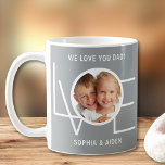 Custom Photo We Love You Dad Father's Day Grey Coffee Mug<br><div class="desc">This We Love You Dad Photo Coffee Mug is decorated with the word LOVE in white typography on a stylish grey background.
Easily customisable with your photo and name.
Makes a great Father's Day gift.</div>
