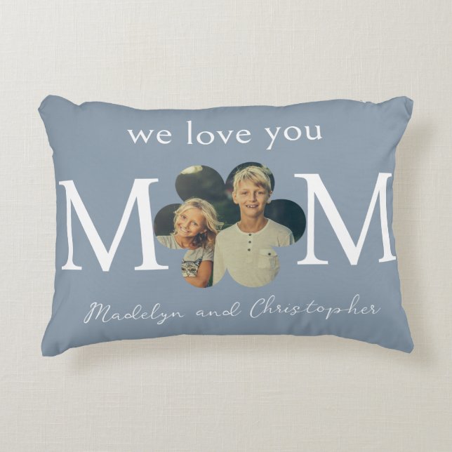 Custom Photo We Love You Mum on Dusty Blue Decorative Cushion (Front)