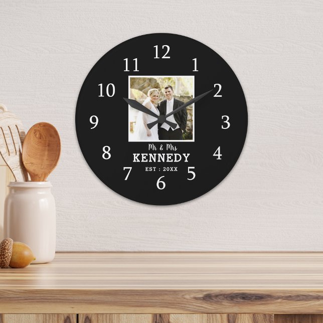 Custom Photo Wedding Anniversary Black  And White Large Clock (Custom Photo Wedding Anniversary Black And White Large Clock)