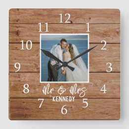Custom Photo Wedding Anniversary Wood  Mr & Mrs Square Wall Clock
