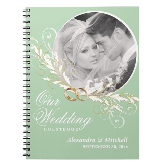 Custom Photo Wedding Guestbook - Sage and White Spiral Notebook (Front)