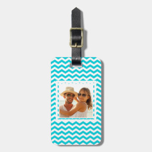 Custom Photo White and Aqua Zig Zag Pattern Luggage Tag