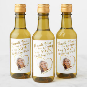 Custom Photo White Gold Thank You 50th Birthday Wine Label