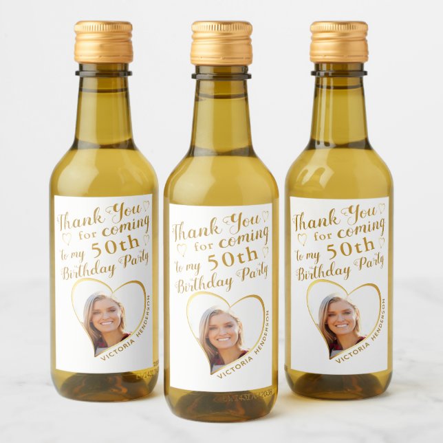 Custom Photo White Gold Thank You 50th Birthday Wine Label (Bottles)