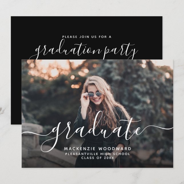Custom Photo White Script Graduation Party Invitation (Front/Back)