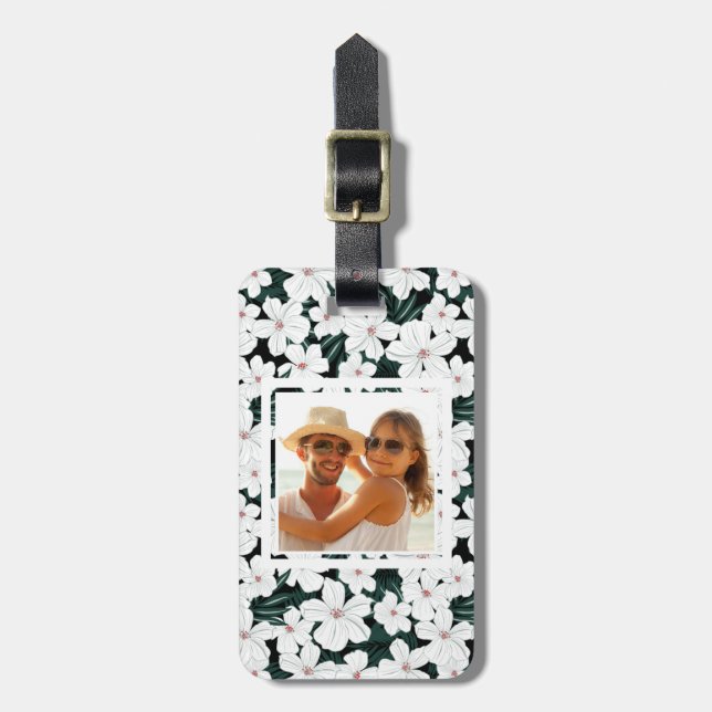 Custom Photo White Tropical Flowers Pattern Luggage Tag (Front Vertical)
