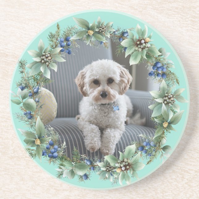 Custom Photo Winter Berry Wreath  Coaster (Front)