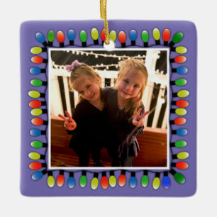 Custom Photo with back text Party Lights Purple Ceramic Ornament