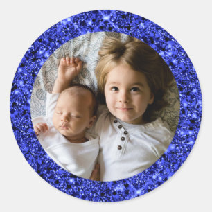 Custom Photo with Blue Glitter Frame Classic Round Sticker