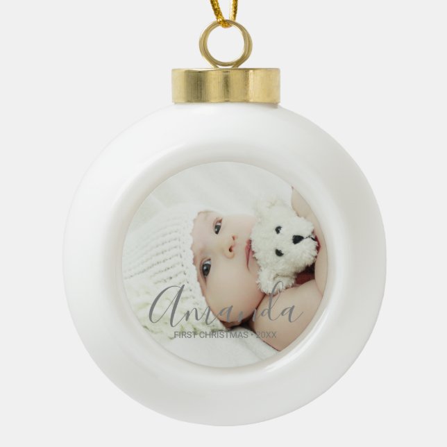 Custom Photo with Custom Name and Text Ceramic Ball Christmas Ornament (Front)