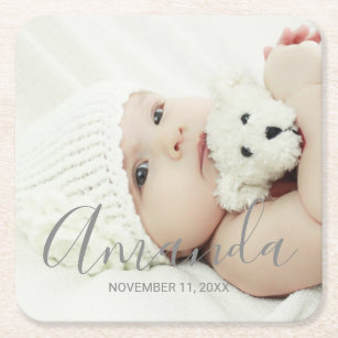 Custom Photo with Custom Name and Text Square Paper Coaster