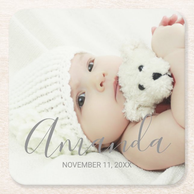 Custom Photo with Custom Name and Text Square Paper Coaster (Front)