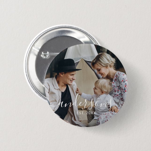 Custom photo with family name and established year 6 cm round badge (Front & Back)