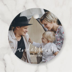Custom photo with family name and established year favour tags