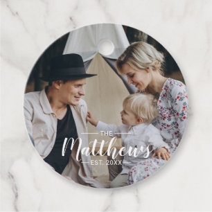 Custom photo with family name and established year favour tags