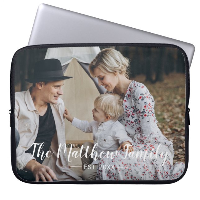 Custom photo with family name and established year laptop sleeve (Front)