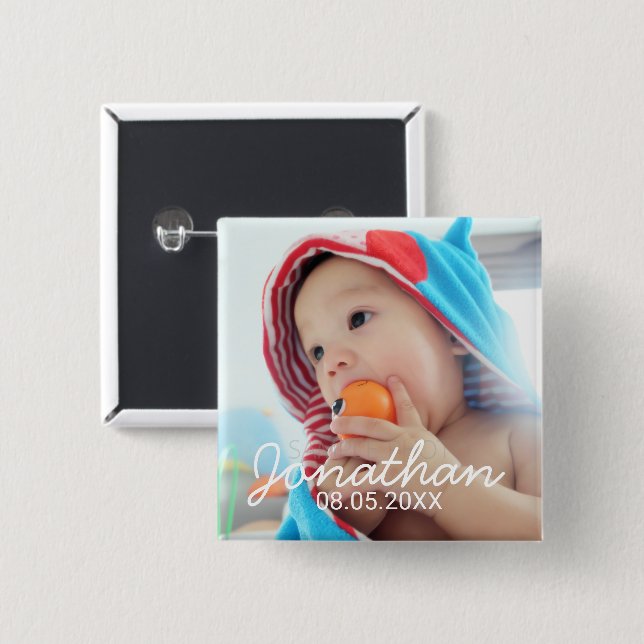 Custom Photo with Name and Date 15 Cm Square Badge (Front & Back)